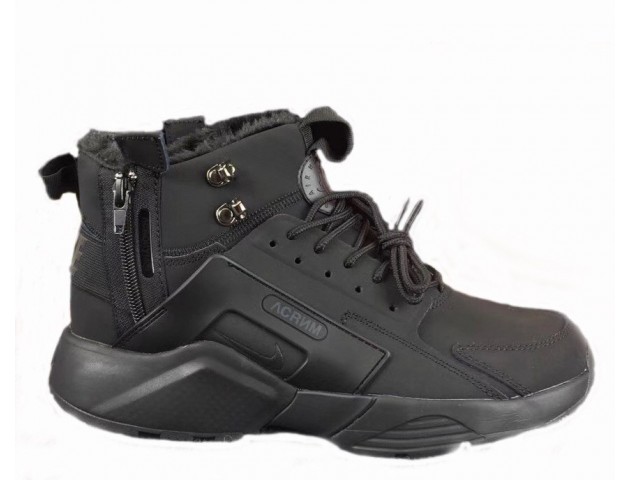 Кроссовки Nike Huarache X Acronym City MID Leather All Black С МЕХОМ